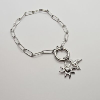 Pulsera sol y colibrí plateados