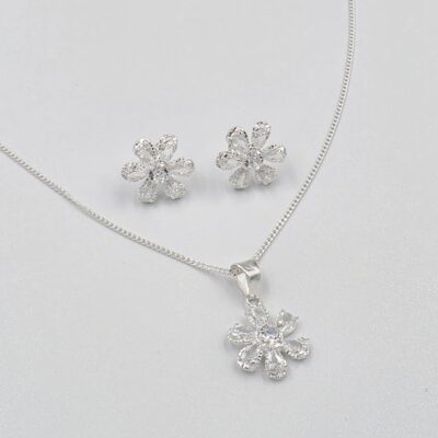 Juego flores zirconias blancas Plata.925