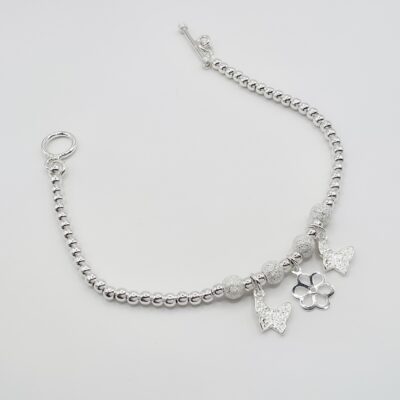 Pulsera bolitas dijes mariposas Plata.925